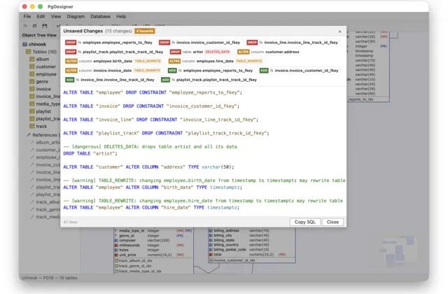 PgDesigner diff dialog showing ALTER SQL with hazard warnings