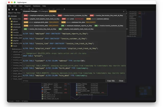 PgDesigner diff dialog showing ALTER SQL with hazard warnings