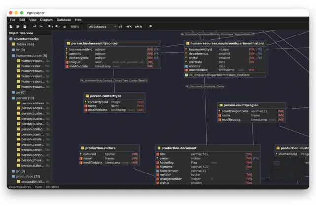 PgDesigner visual ERD editor showing database schema