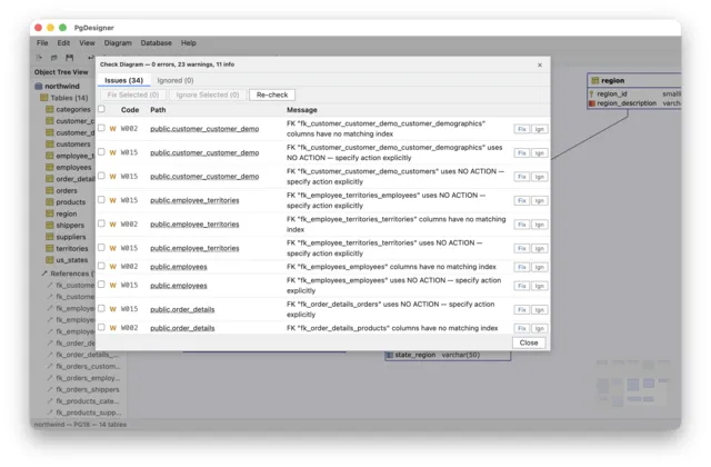 PgDesigner lint results showing schema validation issues