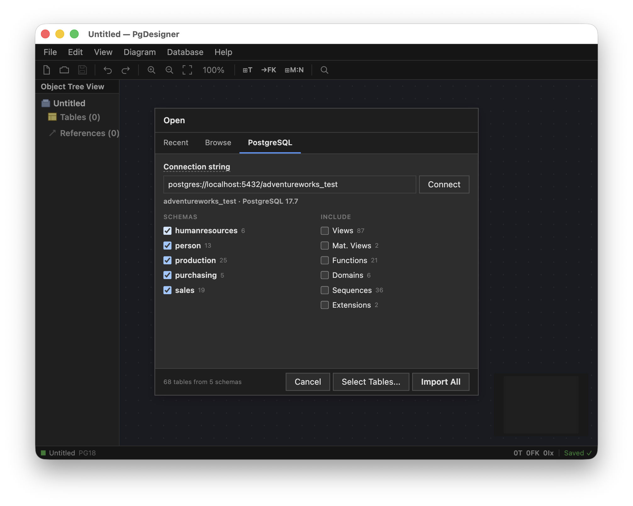 PgDesigner DSN Introspection dialog connecting to PostgreSQL and showing schemas in dark theme