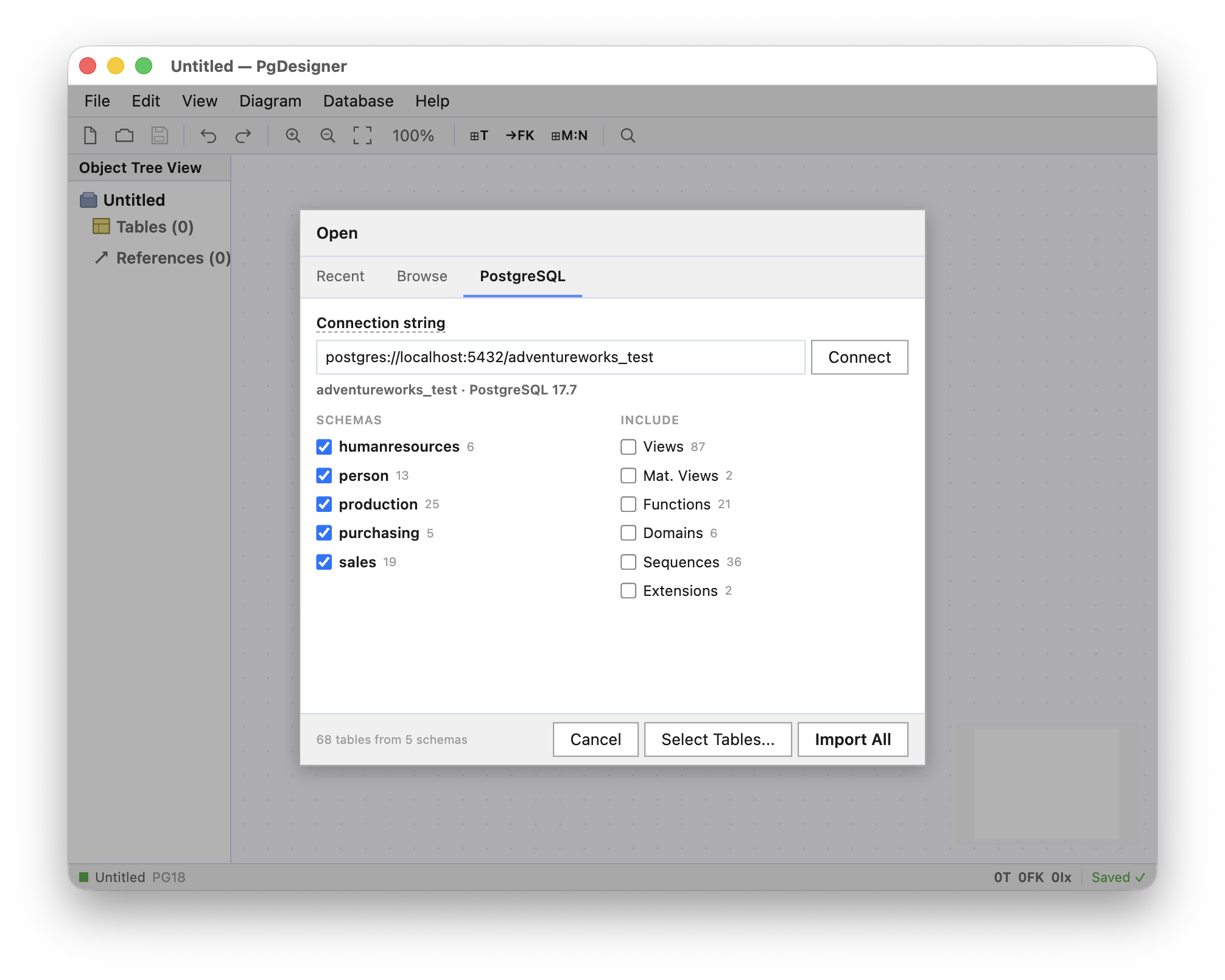 PgDesigner DSN Introspection dialog connecting to PostgreSQL and showing schemas in light theme