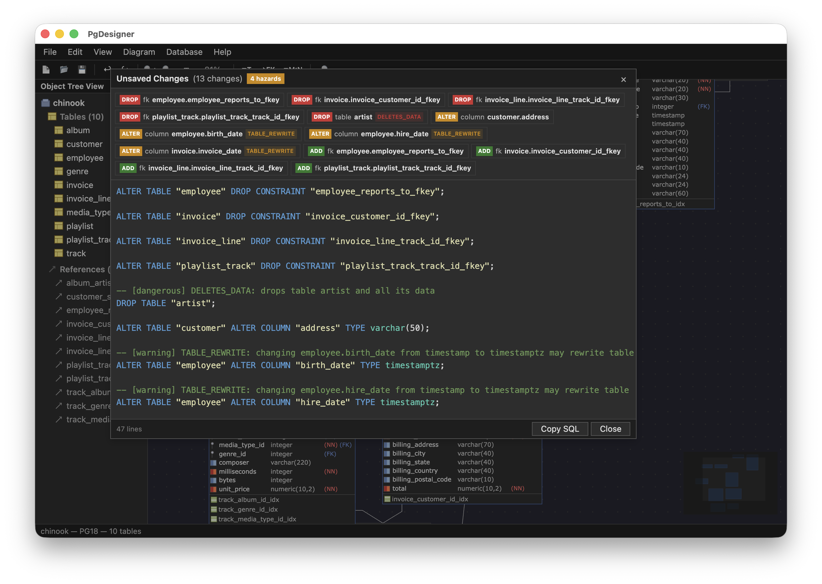PgDesigner diff dialog showing unsaved changes with DROP, ADD, ALTER badges and hazard warnings