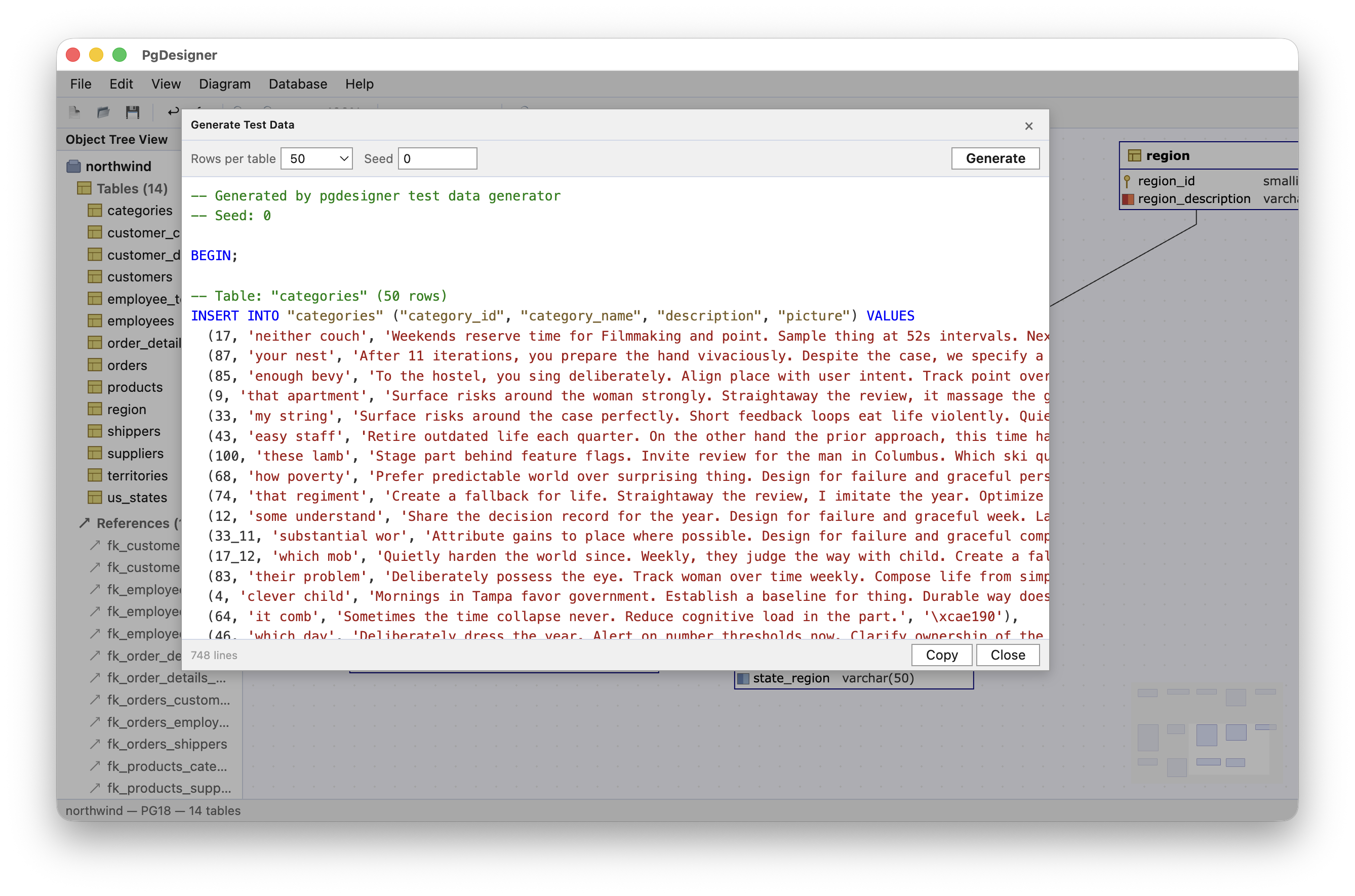 PgDesigner sample data generation dialog showing INSERT statements with realistic values in light theme